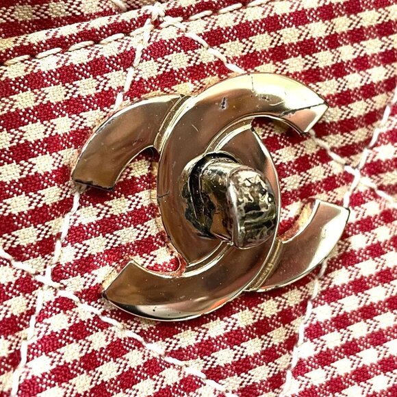 CHANEL CC Matelasse Gingham Check Tote Bag Shoulder Bag Canvas Red x White - Picture 2 of 12